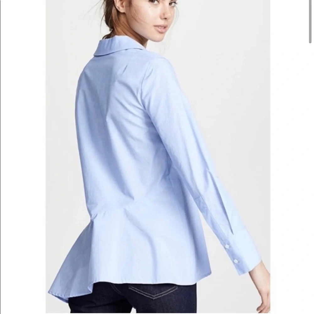 Club Monaco Blue 100% Cotton Nechar Asymmetrical Button Up With Ruffled Hem - Picture 3 of 8